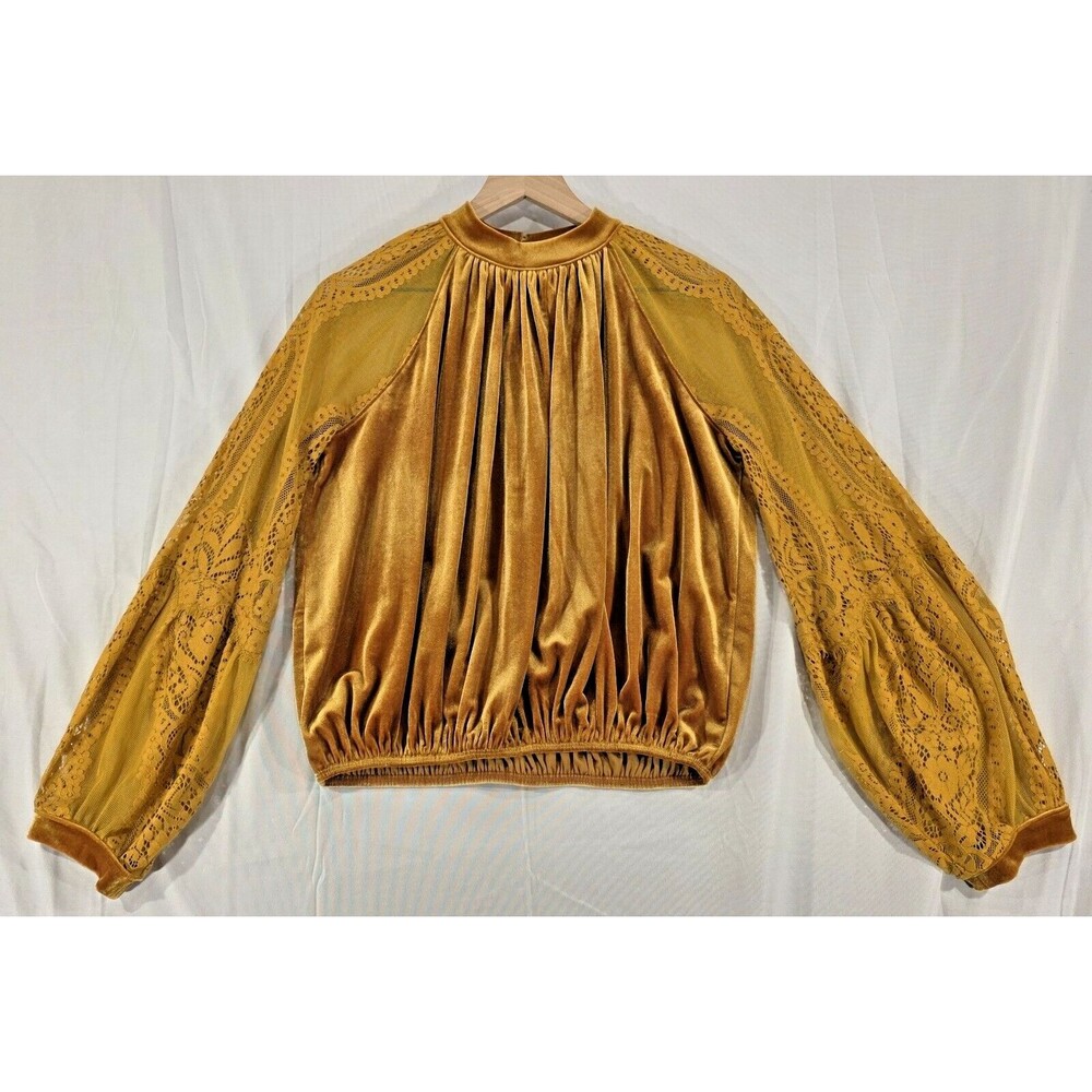 Free People Velvet Lace Crop Top Gold Regency Gothic Fairy Boho Festival Size S